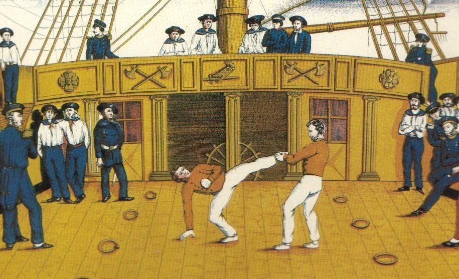 traditional illustration of savate practice on a ship