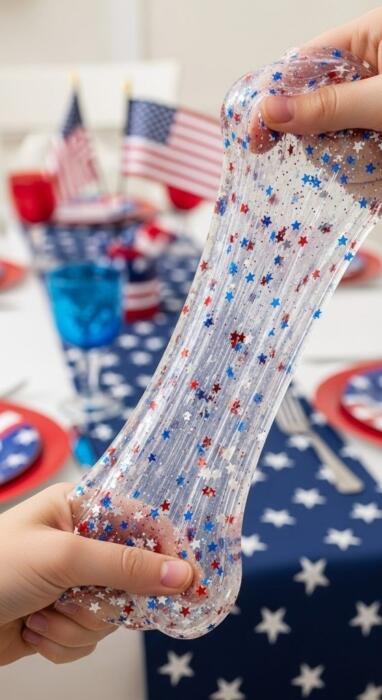 transparent slime with red, white and blue stars