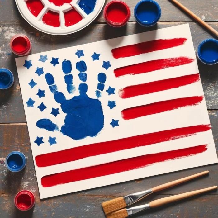 handprint flag card in red, white and blue