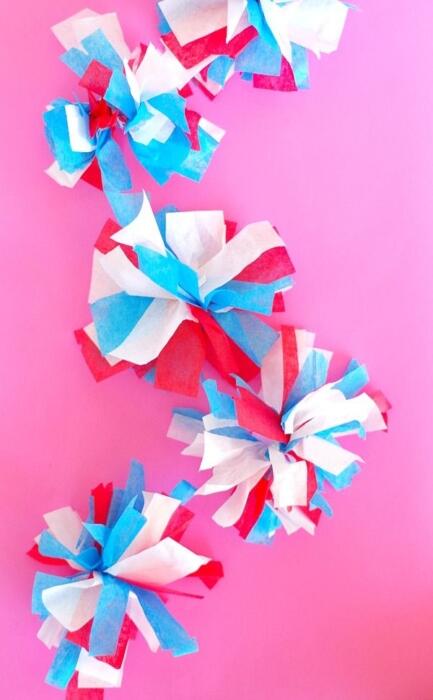 tissue paper fireworks art in red, white and blue