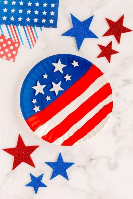 paper plate in red, white and blue, with red and blue stars