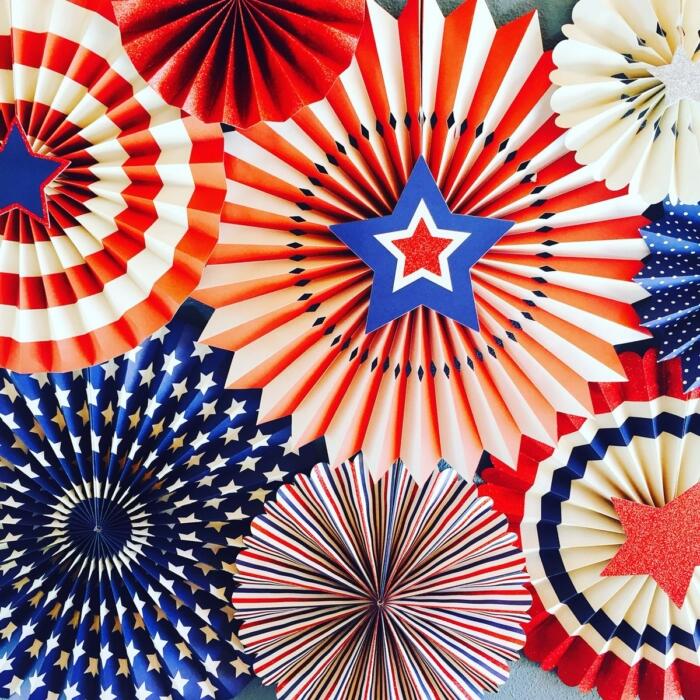 various paper fans in red, white and blue with stars