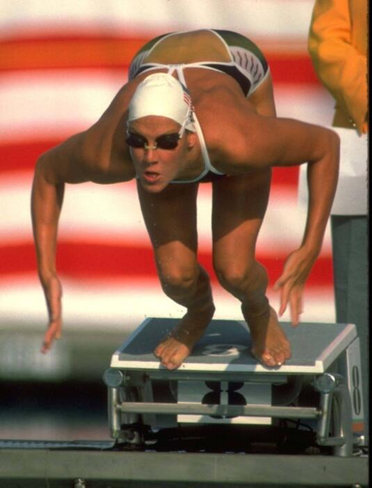 Tracy Caulkins about to jump in the pool for a race